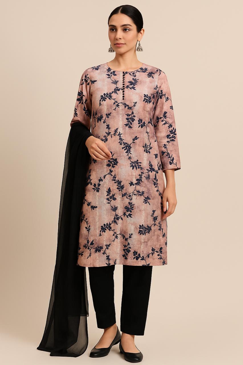 Zehra - Black Floral Stitched - 3 Peice Cotton Set
